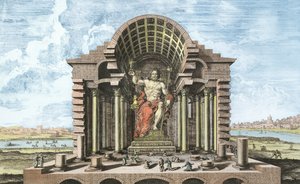 Phidiaksen Olympos Zeuksen patsas, levy 5 teoksesta "Entwurf einer historischen Architektur", kaiverrettu Johann Adam Delsenbachin (1687-1765) 1721 (myöhempi väritys).